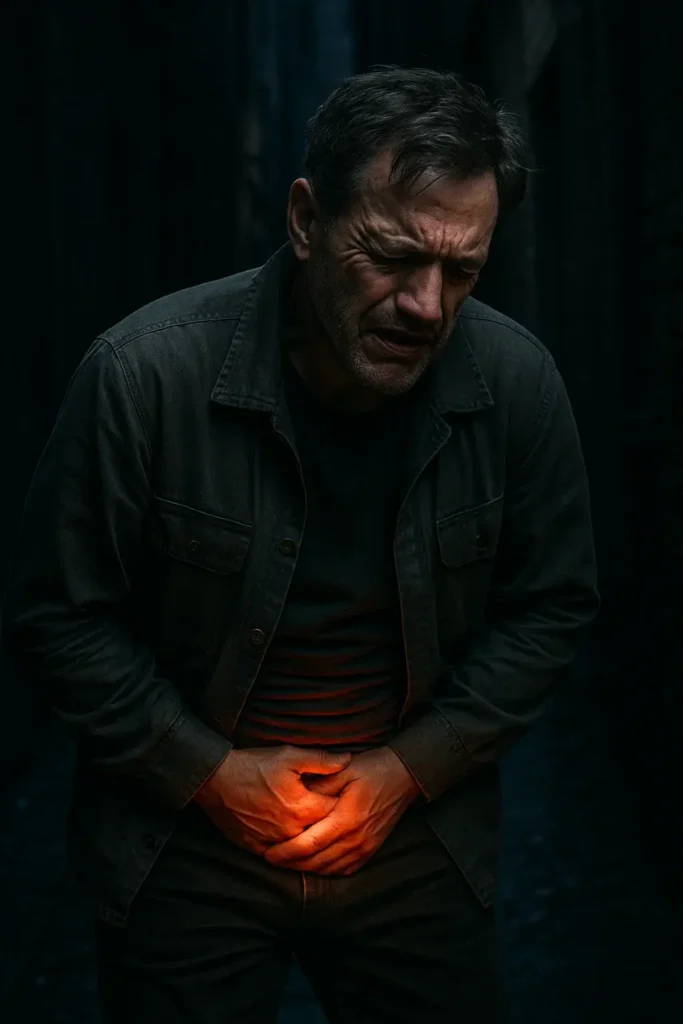 Middle-aged man feeling abdominal or groin pain, indicating severe discomfort.